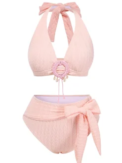 Best Retro Stage 1950s Deep V-Neck Textured Seashell Halter Swimsuit