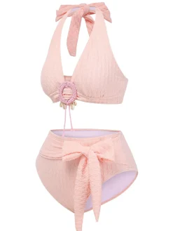 Best Retro Stage 1950s Deep V-Neck Textured Seashell Halter Swimsuit