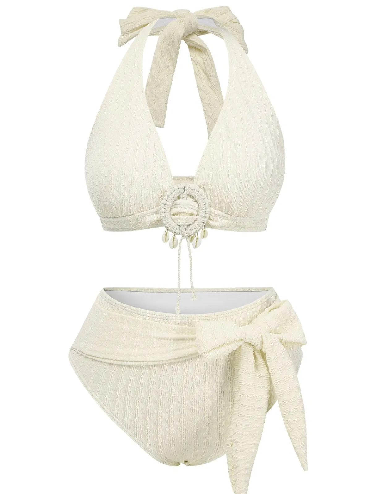 Best Retro Stage 1950s Deep V-Neck Textured Seashell Halter Swimsuit