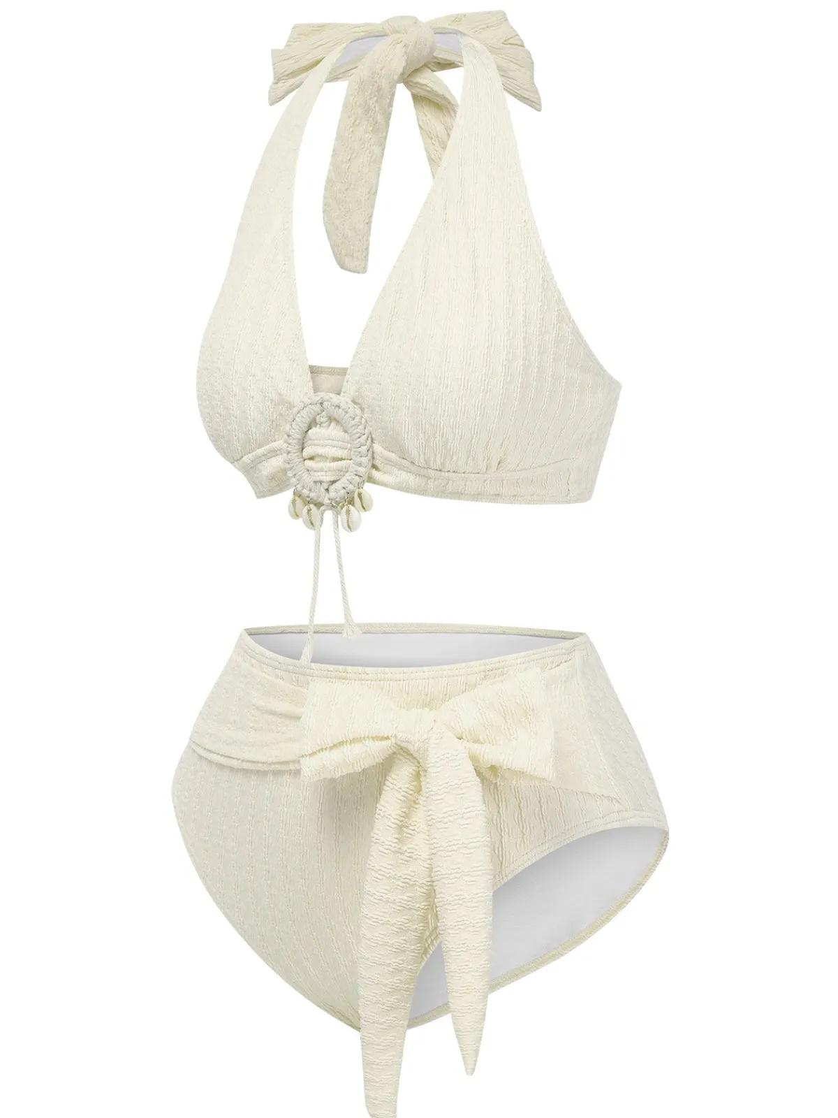 Best Retro Stage 1950s Deep V-Neck Textured Seashell Halter Swimsuit