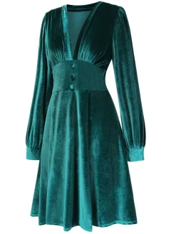 Hot Retro Stage 1950s Deep V-Neck Velvet Button Solid Dress
