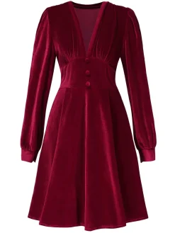 Hot Retro Stage 1950s Deep V-Neck Velvet Button Solid Dress