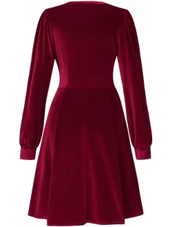 Hot Retro Stage 1950s Deep V-Neck Velvet Button Solid Dress