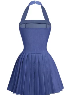 Sale Retro Stage 1960s Denim Halter Pleated Button Mini Dress Blue