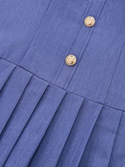 Sale Retro Stage 1960s Denim Halter Pleated Button Mini Dress Blue
