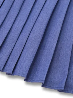 Sale Retro Stage 1960s Denim Halter Pleated Button Mini Dress Blue