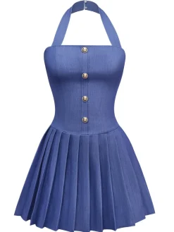 Sale Retro Stage 1960s Denim Halter Pleated Button Mini Dress Blue