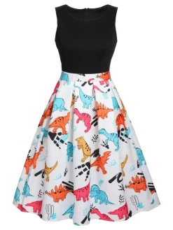 Online Retro Stage 1950s Dinosaur Flare Dress Black