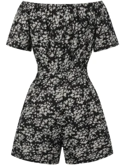 Online Retro Stage 1970s Ditsy Floral Off-Shoulder Romper Black