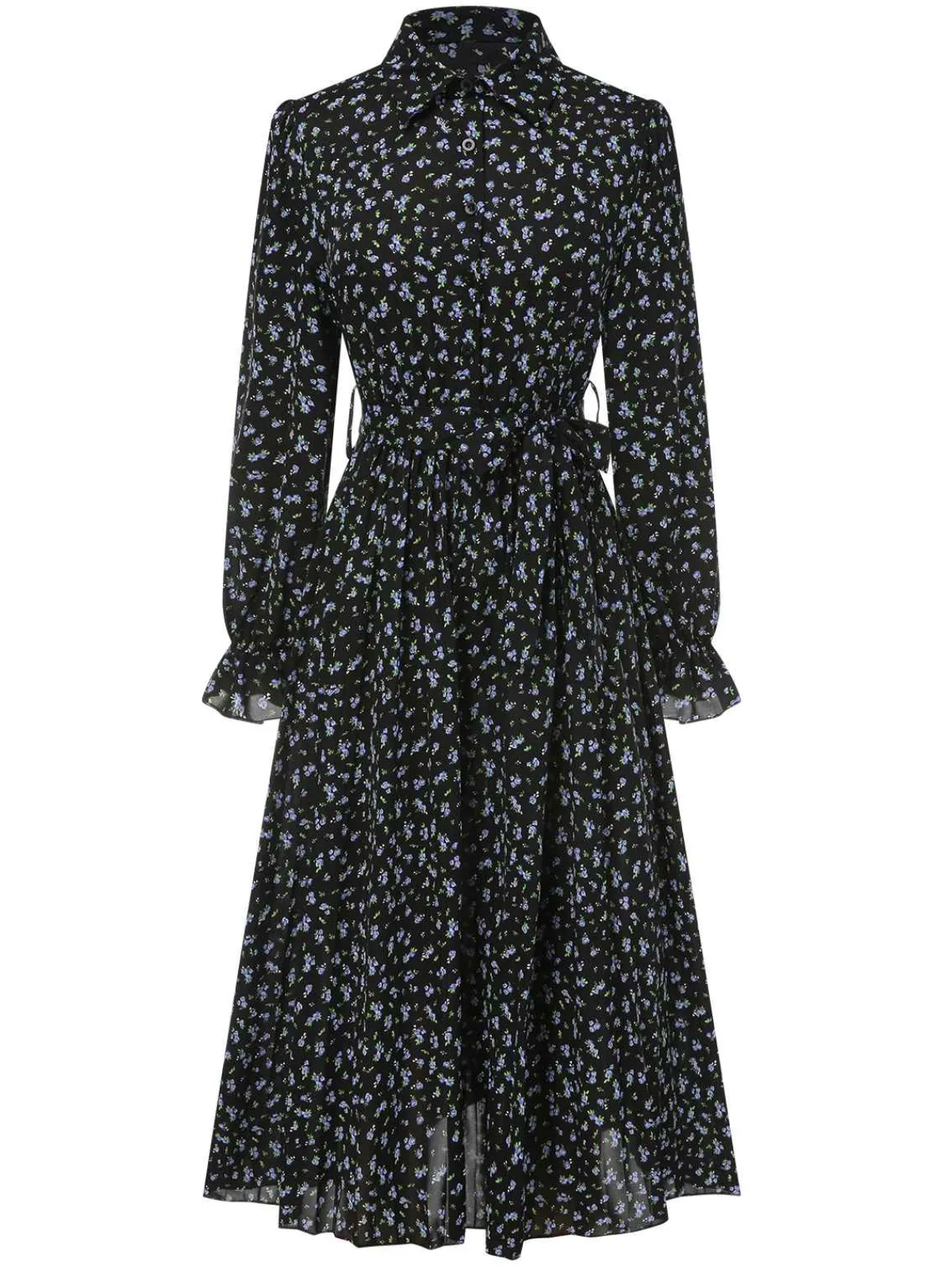 Hot Retro Stage 1940s Ditsy Floral Pleated Shirt Belted Dress