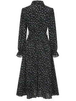 Hot Retro Stage 1940s Ditsy Floral Pleated Shirt Belted Dress