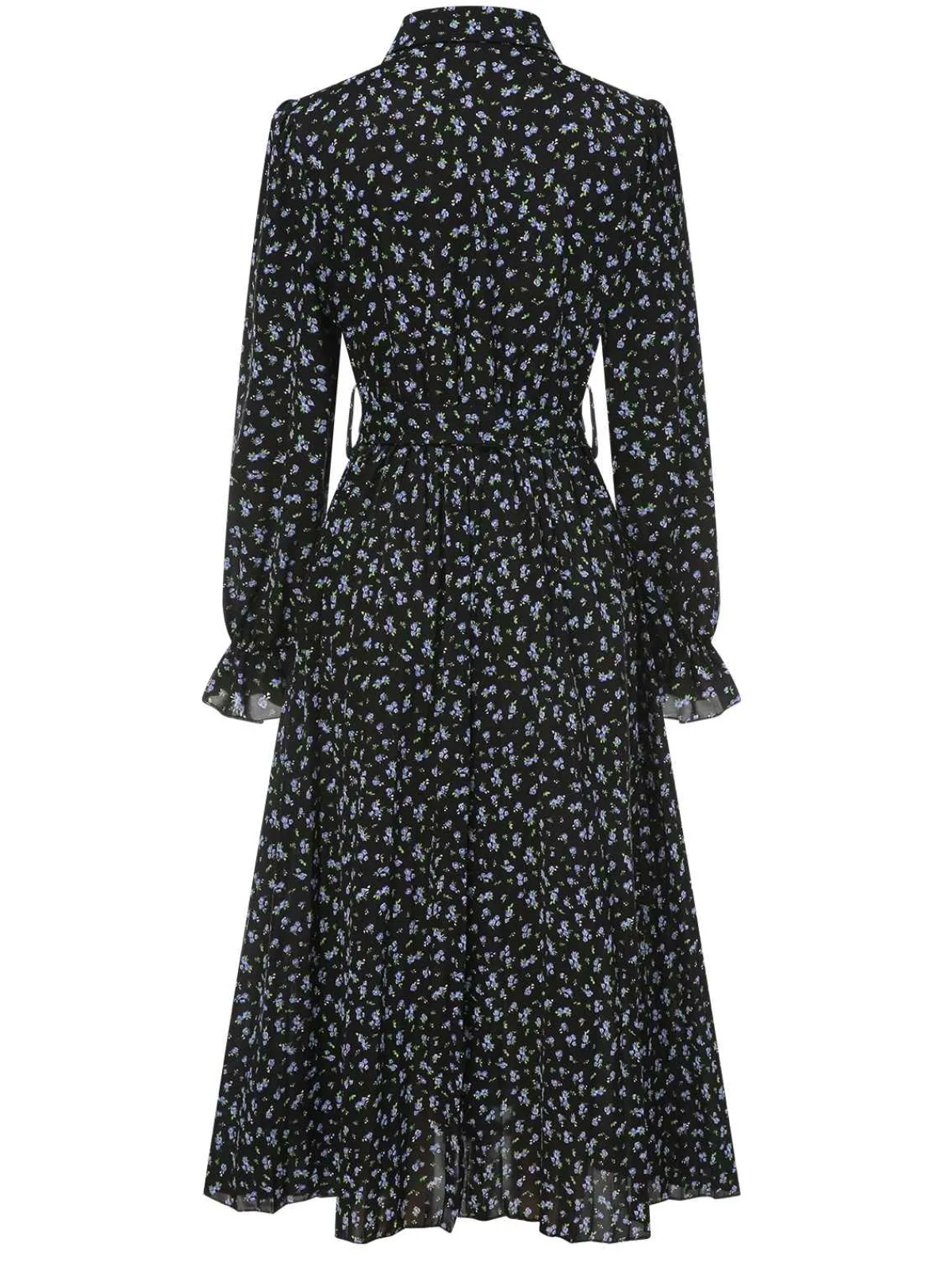 Hot Retro Stage 1940s Ditsy Floral Pleated Shirt Belted Dress