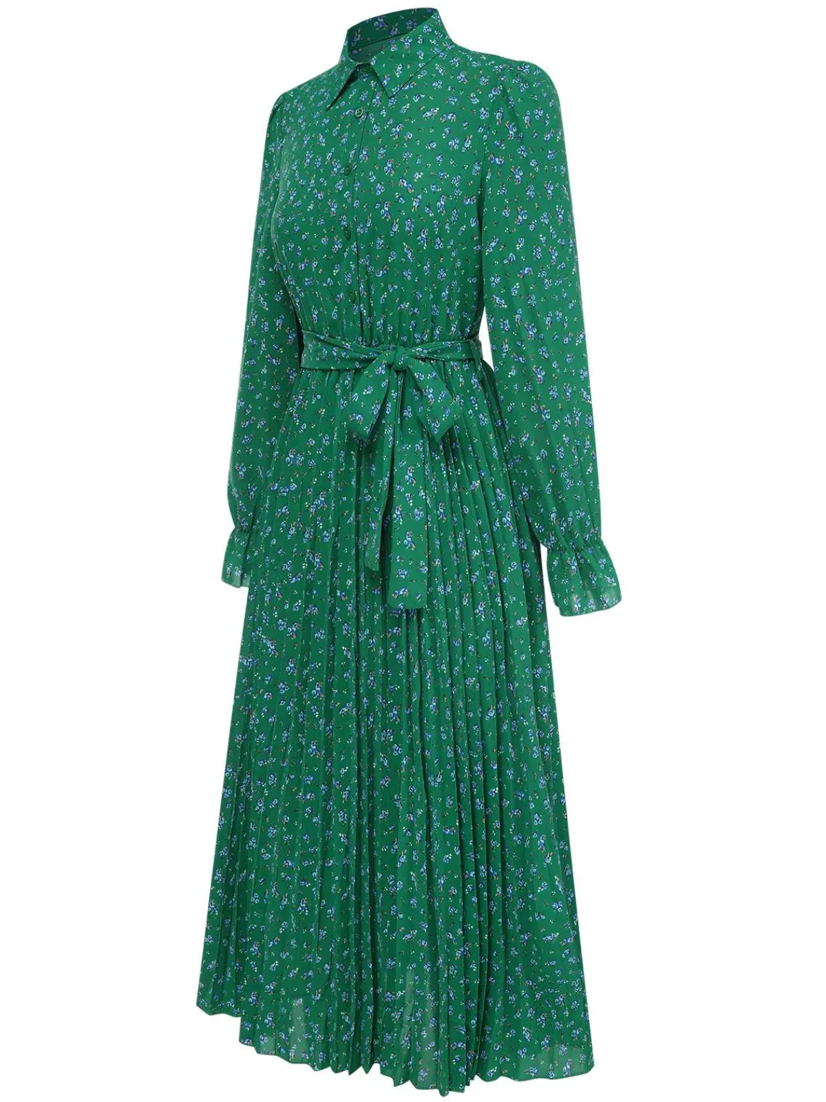 Hot Retro Stage 1940s Ditsy Floral Pleated Shirt Belted Dress