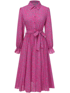 Hot Retro Stage 1940s Ditsy Floral Pleated Shirt Belted Dress