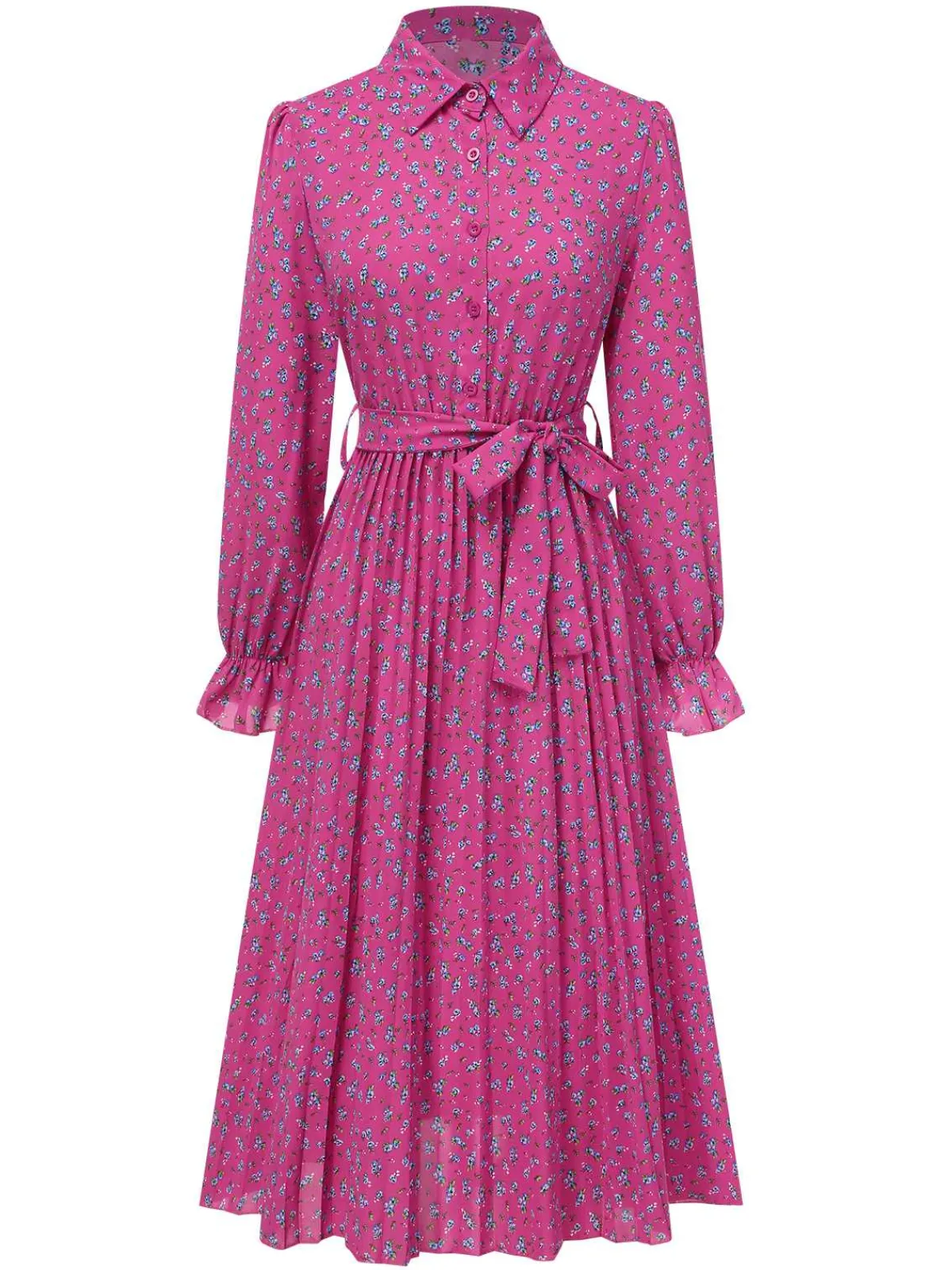 Hot Retro Stage 1940s Ditsy Floral Pleated Shirt Belted Dress