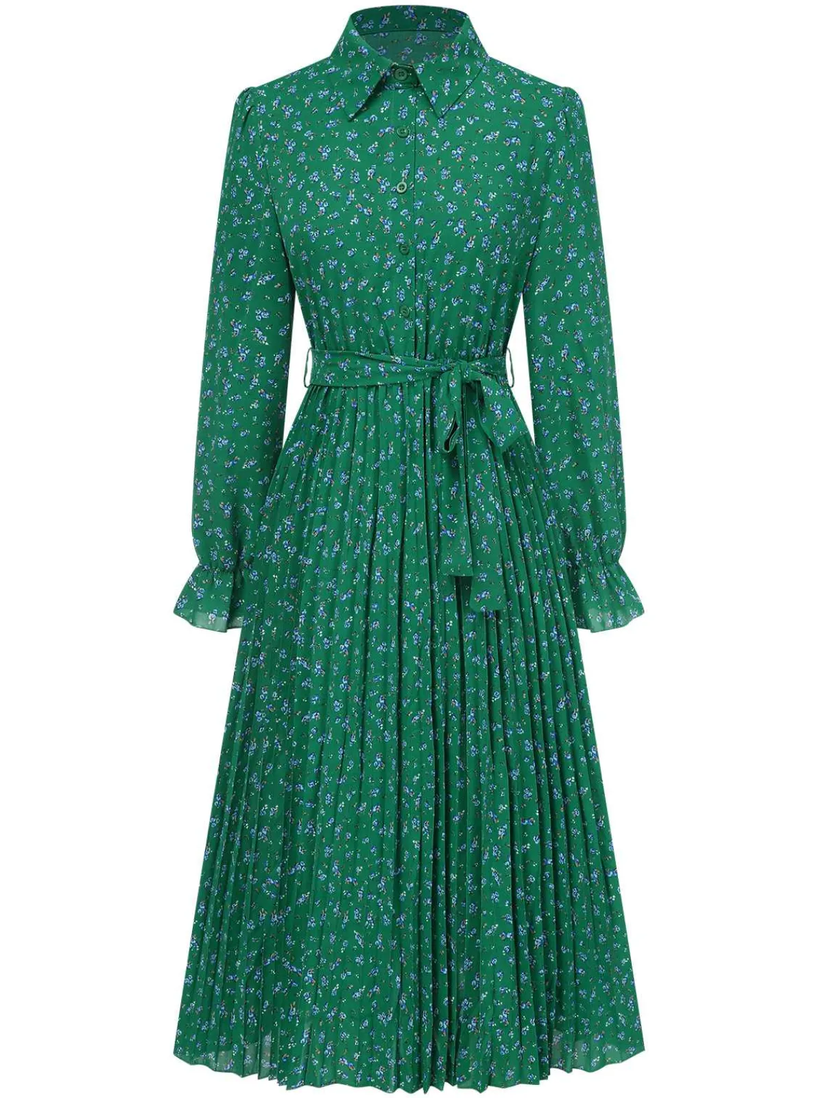 Hot Retro Stage 1940s Ditsy Floral Pleated Shirt Belted Dress