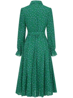 Hot Retro Stage 1940s Ditsy Floral Pleated Shirt Belted Dress
