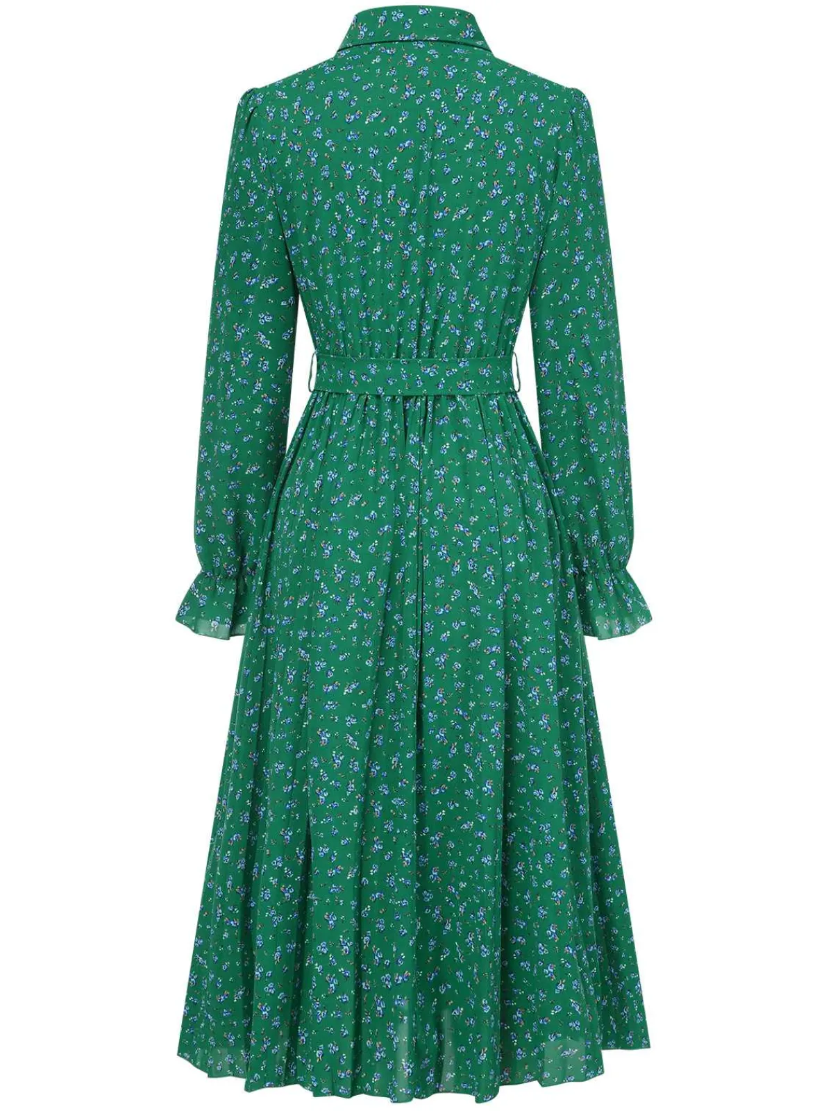 Hot Retro Stage 1940s Ditsy Floral Pleated Shirt Belted Dress