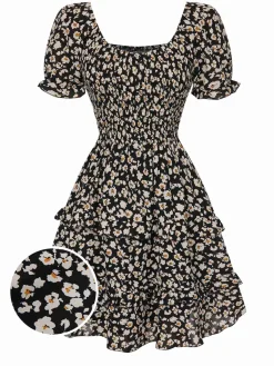 Discount Retro Stage 1940s Ditsy Floral Puff Wrinkle Dress