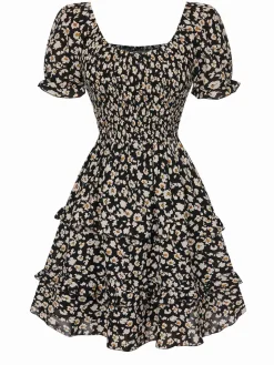 Discount Retro Stage 1940s Ditsy Floral Puff Wrinkle Dress