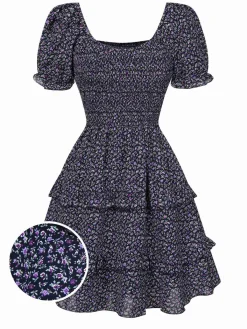 Discount Retro Stage 1940s Ditsy Floral Puff Wrinkle Dress