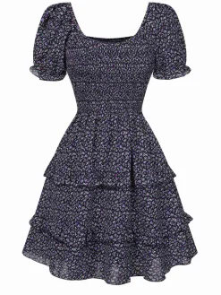 Discount Retro Stage 1940s Ditsy Floral Puff Wrinkle Dress