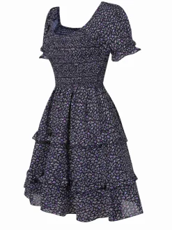 Discount Retro Stage 1940s Ditsy Floral Puff Wrinkle Dress