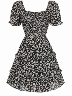 Discount Retro Stage 1940s Ditsy Floral Puff Wrinkle Dress
