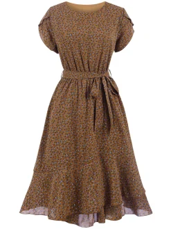 Sale Retro Stage 1940s Ditsy Floral Ruffles Hem Belted Dress