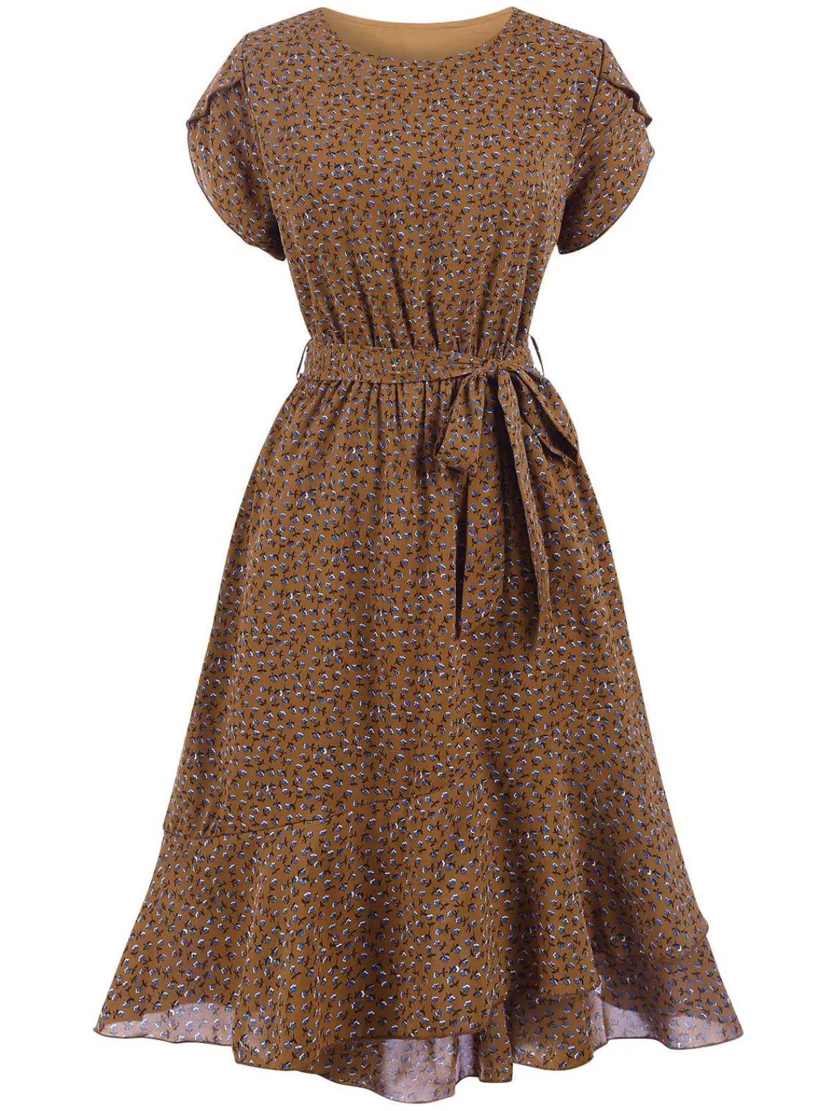 Sale Retro Stage 1940s Ditsy Floral Ruffles Hem Belted Dress