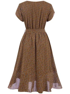 Sale Retro Stage 1940s Ditsy Floral Ruffles Hem Belted Dress