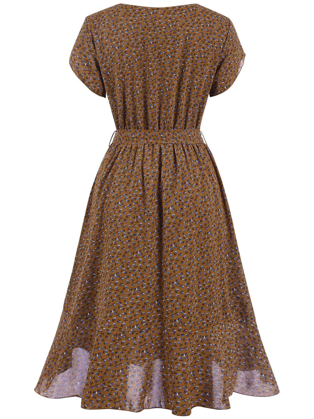 Sale Retro Stage 1940s Ditsy Floral Ruffles Hem Belted Dress