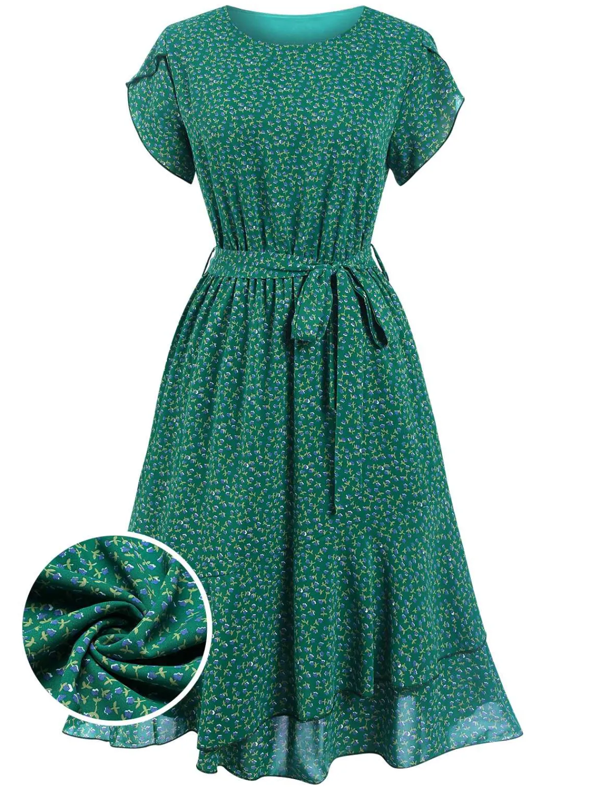 Sale Retro Stage 1940s Ditsy Floral Ruffles Hem Belted Dress