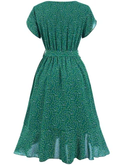 Sale Retro Stage 1940s Ditsy Floral Ruffles Hem Belted Dress