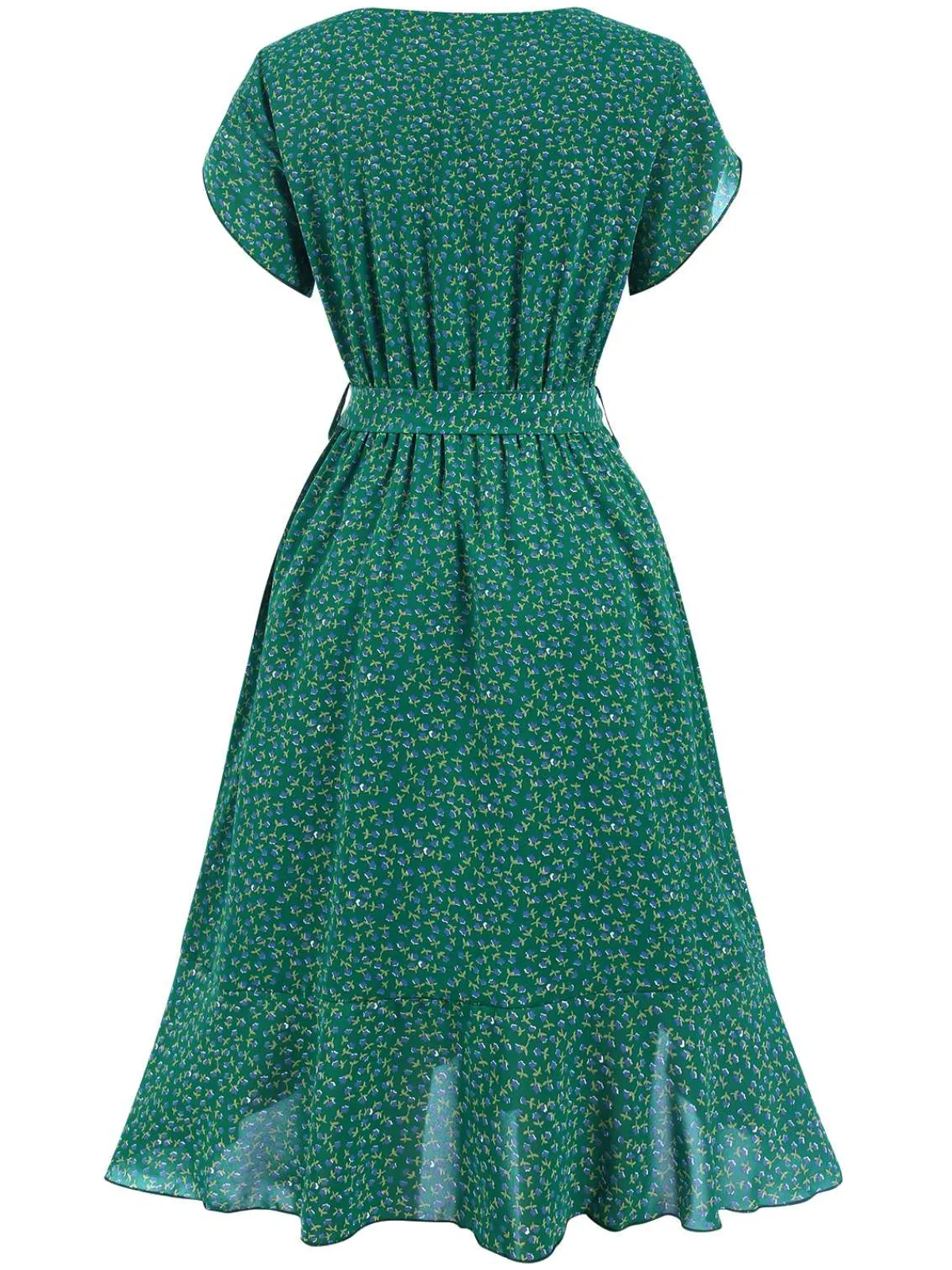 Sale Retro Stage 1940s Ditsy Floral Ruffles Hem Belted Dress