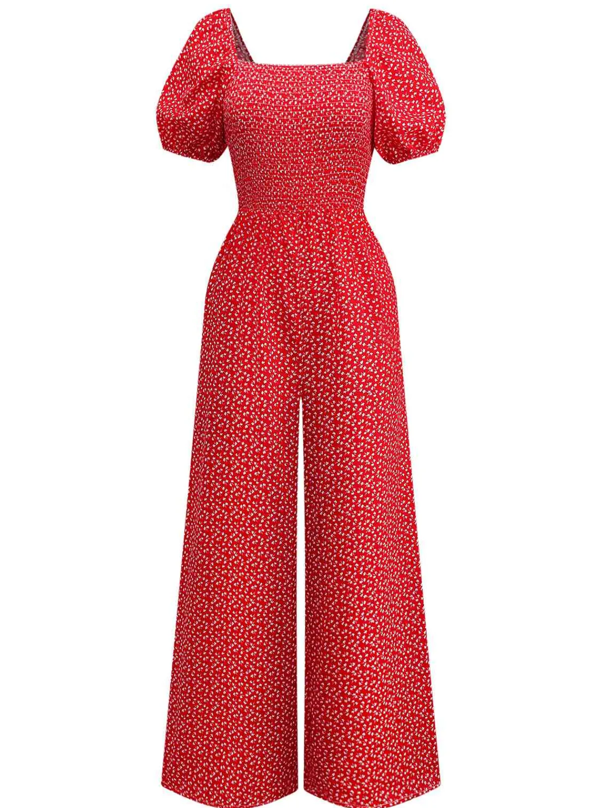 Online Retro Stage 1950s Ditsy Floral Square Neck Puff Jumpsuit
