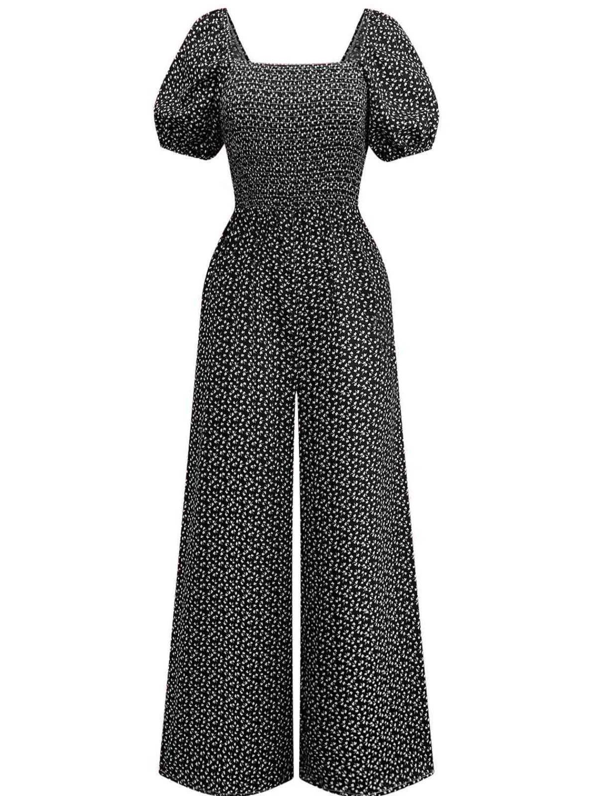 Online Retro Stage 1950s Ditsy Floral Square Neck Puff Jumpsuit