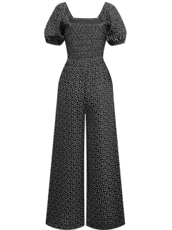 Online Retro Stage 1950s Ditsy Floral Square Neck Puff Jumpsuit