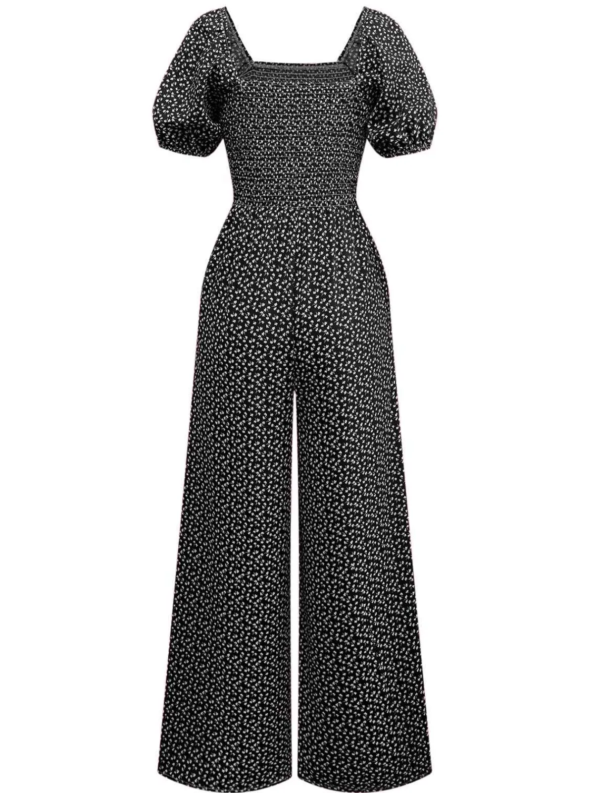 Online Retro Stage 1950s Ditsy Floral Square Neck Puff Jumpsuit