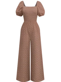 Online Retro Stage 1950s Ditsy Floral Square Neck Puff Jumpsuit