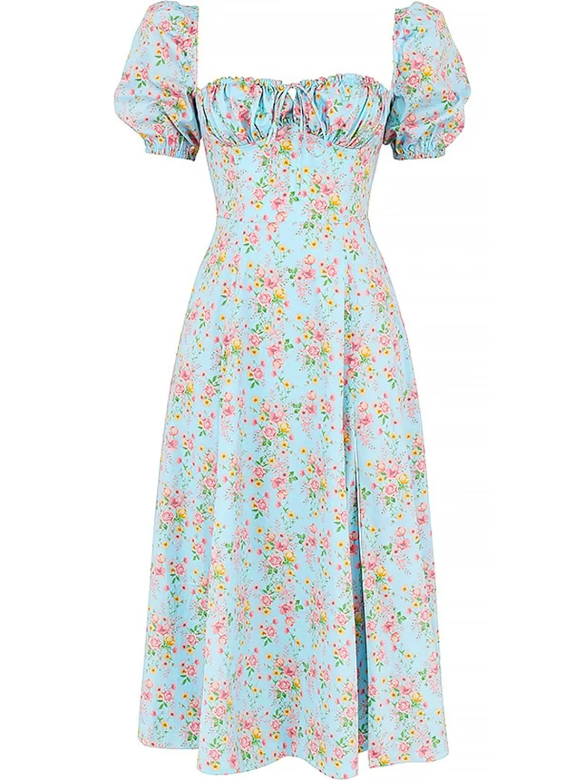 Outlet Retro Stage 1940s Ditsy Floral Square Neck Slit Dress