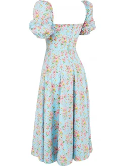 Outlet Retro Stage 1940s Ditsy Floral Square Neck Slit Dress
