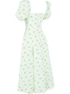 Outlet Retro Stage 1940s Ditsy Floral Square Neck Slit Dress