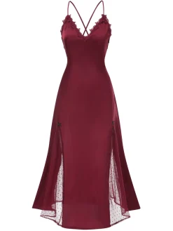 Online Retro Stage 1930s Dots Sheer Satin Patchwork Straps Nightgown