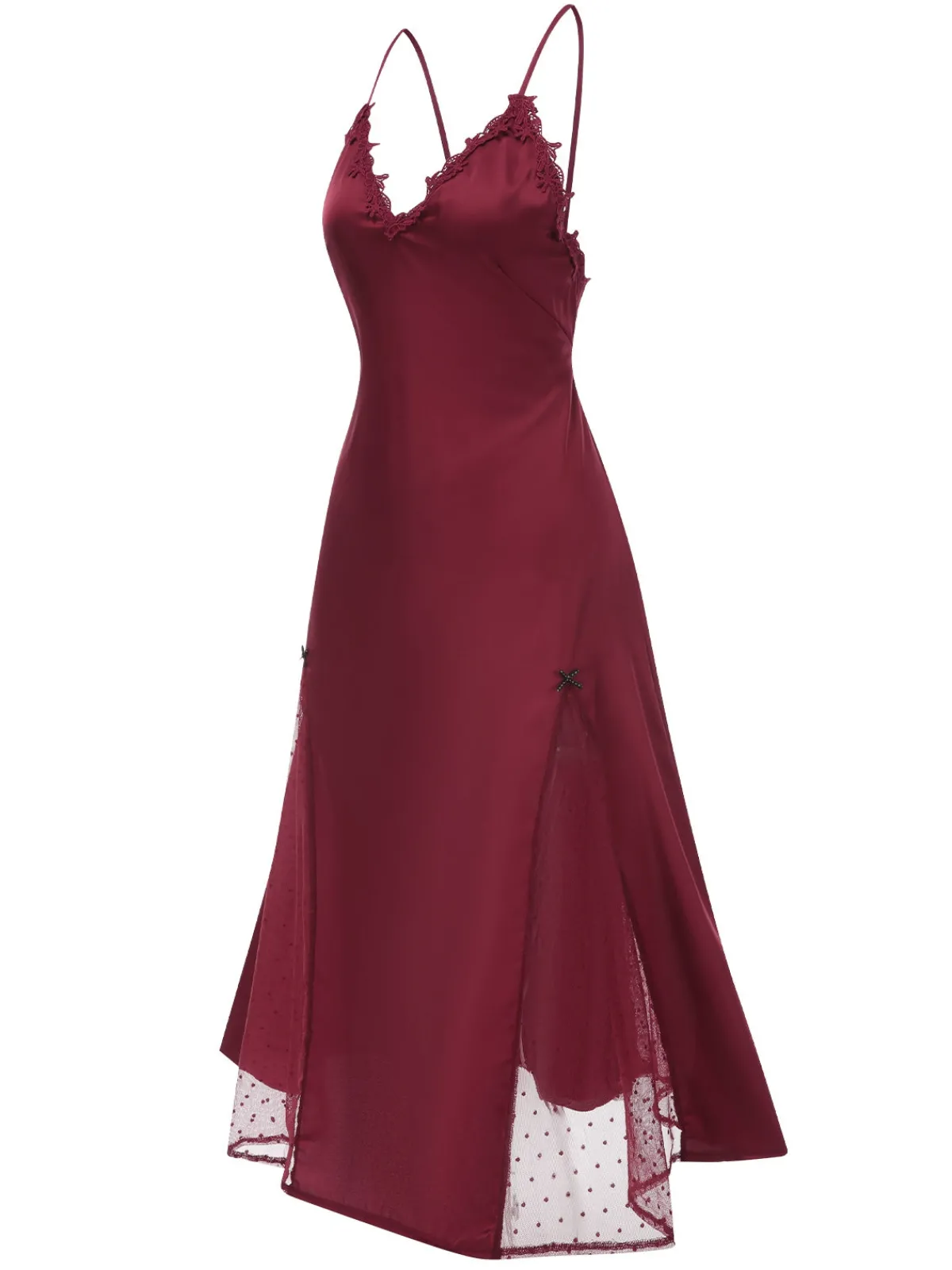 Online Retro Stage 1930s Dots Sheer Satin Patchwork Straps Nightgown