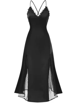 Online Retro Stage 1930s Dots Sheer Satin Patchwork Straps Nightgown