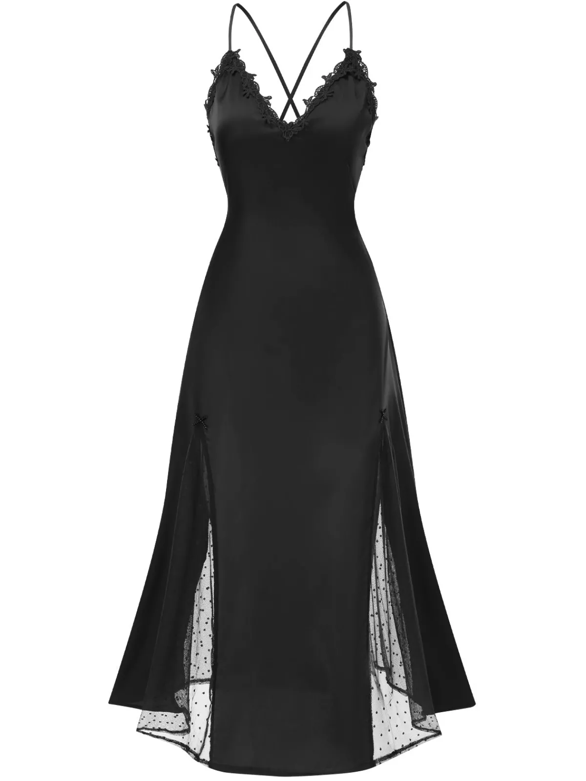 Online Retro Stage 1930s Dots Sheer Satin Patchwork Straps Nightgown
