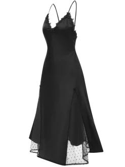Online Retro Stage 1930s Dots Sheer Satin Patchwork Straps Nightgown
