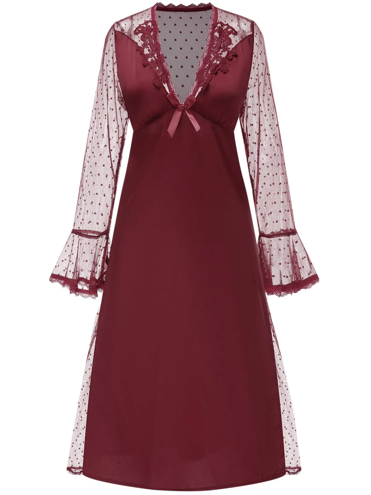 New Retro Stage 1950s Dots Sheer Sleeves Deep V-Neck Nightgown