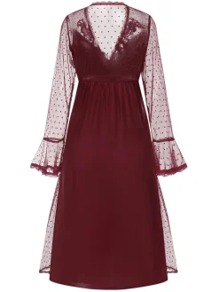 New Retro Stage 1950s Dots Sheer Sleeves Deep V-Neck Nightgown